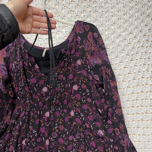 Free People Mini Tunic Dress Women Size XS Lucky Loosey Black Floral Tassel Tie - Picture 10 of 14